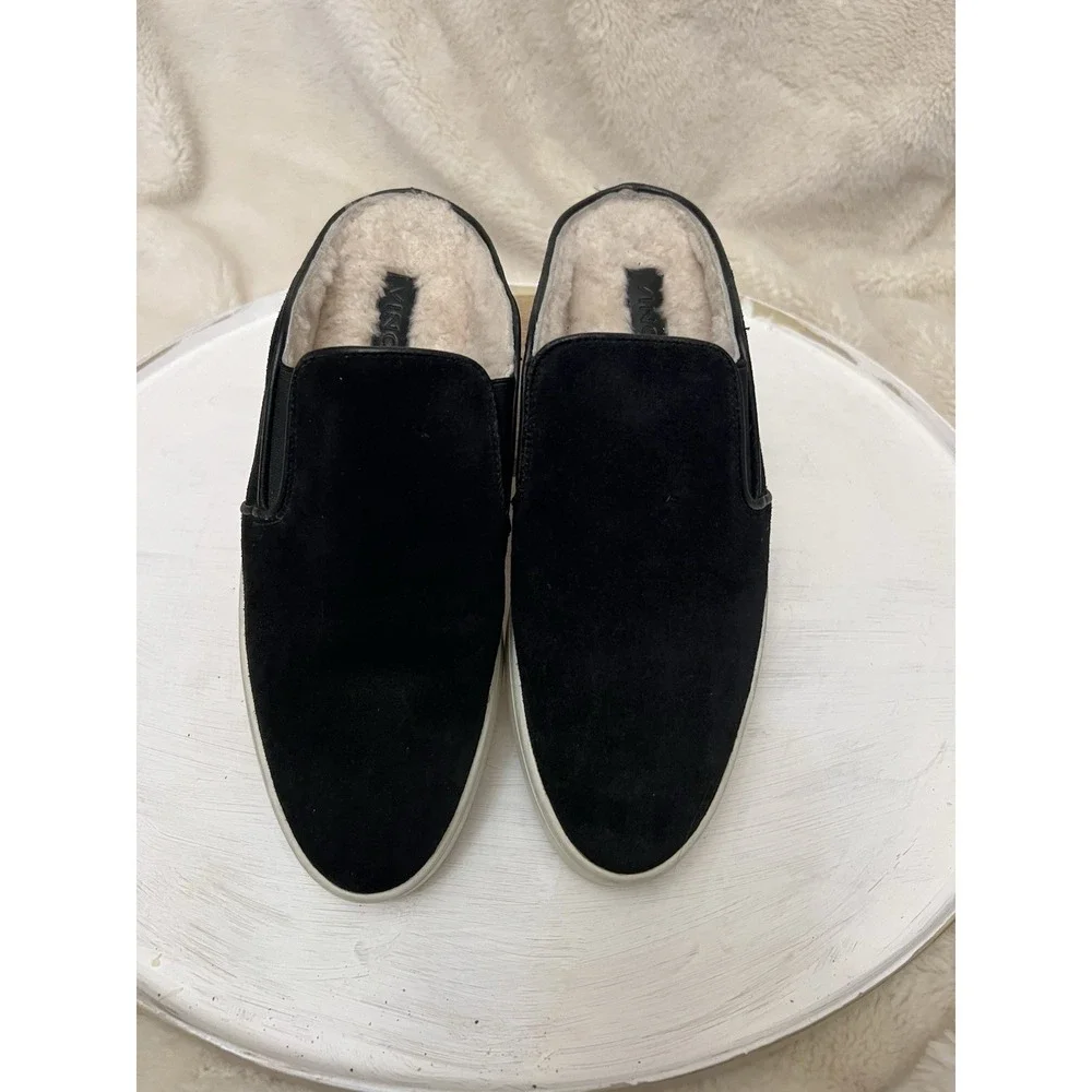 Vince Garvey Suede Shearling Lined Mules Shoes Size 6.5 Women's Black Slip On